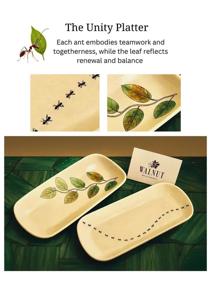 This handcrafted "Unity Platter" collection tells a story of teamwork and renewal. The design features ants, symbolizing unity, and leaves, representing harmony, narrating a story of coexistence in nature.