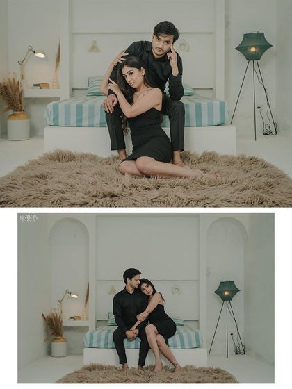 A collage of chic and modern portraits in an all-black theme. The minimalist white studio provides the perfect canvas to make the couple's connection stand out.