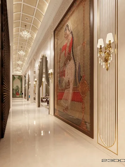 We design a complete journey for guests. This opulent banquet hall corridor uses scale, symmetry, and art to build anticipation, featuring a coffered ceiling, classical wall sconces, and a large-scale traditional painting that leads guests toward the main event space.