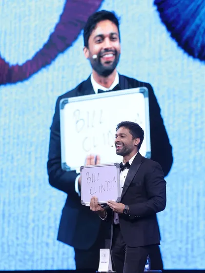 This is what my large-scale mentalism looks like. On stage at the IHCL Annual Business Conference, I correctly predicted a name someone was just thinking of. For big crowds, I use massive screens so everyone, even in the back, feels like they are part of the mind-reading experience.