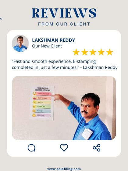 "Fast and smooth experience! E-stamping completed in just a few minutes!" Thank you, Lakshman Reddy. We are committed to providing quick and professional e-stamping and notary services, both online and in our clean, friendly office environment.