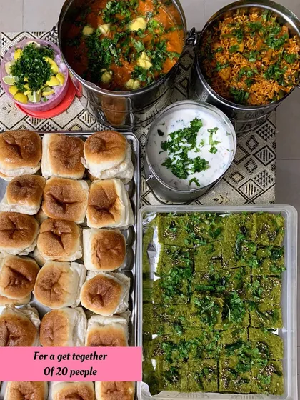 A lovely meal for a get-together of 20 people. This order included Pav Bhaji, Pani Puri Dhokla, and soft pav buns, perfect for a casual evening.