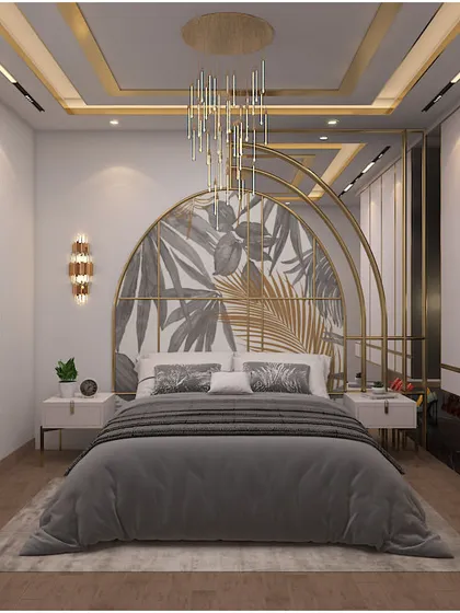 This master bedroom concept is the epitome of glamour and sophistication. We designed a dramatic arched headboard with botanical motifs and gold accents, paired with a stunning crystal chandelier and integrated modular wardrobes to create a personal sanctuary.