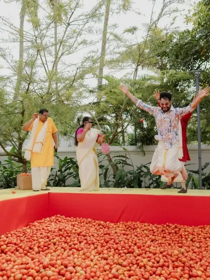 Who says a Haldi has to be traditional? We brought the spirit of Spain's La Tomatina festival to this pre wedding celebration, creating an experience filled with laughter, energy, and a whole lot of tomatoes. We love turning wild ideas into reality.