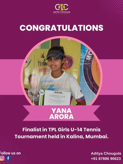 We celebrate Yana Arora, a finalist in the TPL Girls U-14 Tennis Tournament. Her consistent performance makes our academy proud.