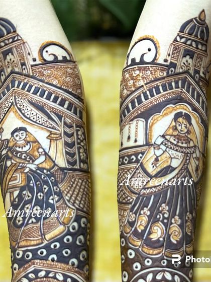 A close-up of the arm portraits, showing a bride in her doli and another scene of the couple together.