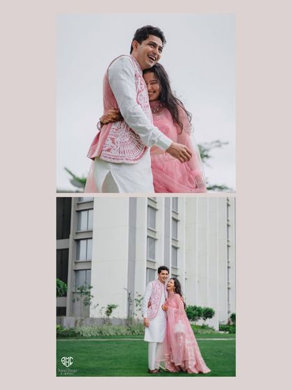 A collage of beautiful outdoor portraits from the Roka ceremony, showcasing the couple's happy connection.