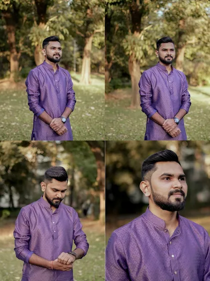 A collage of the groom's portraits in a park, capturing his thoughtful and happy expressions before the ceremony.