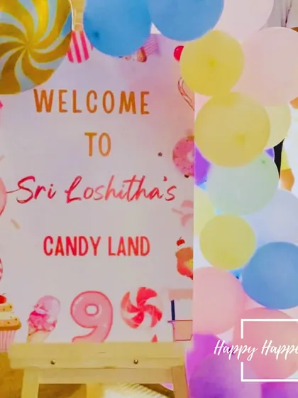 A sweet welcome to Sri Loshitha's Candy Land. This sign, decorated with images of lollipops, cupcakes, and ice cream, perfectly introduced the theme of her 9th birthday party.