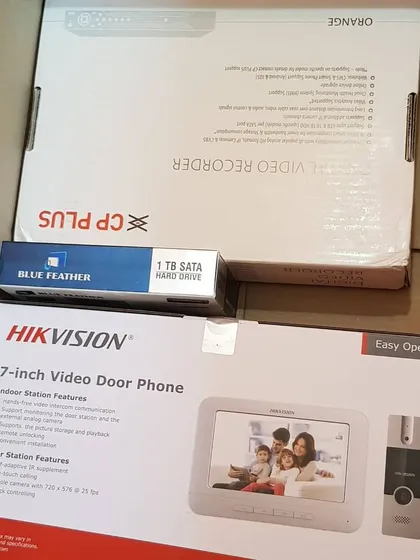I also install video door phones for homes and apartments. This kit from Hikvision includes a 7 inch indoor screen and an outdoor station with a camera, so you can see and speak to visitors before opening the door.