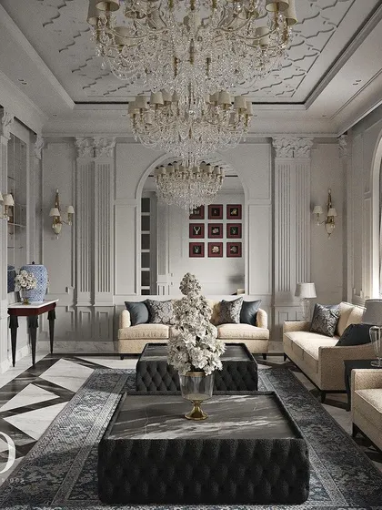 The grandeur of this living space is emphasized by its soaring arched mirror and symmetrical arrangement. The design is a testament to classical principles of balance, proportion, and harmony.