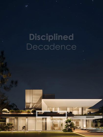 A minimalist design with strong geometric forms, seen at night. The flat rooflines and cantilevered sections create a dynamic profile, while ample glazing and strategic lighting emphasize the clean lines and crisp detailing.