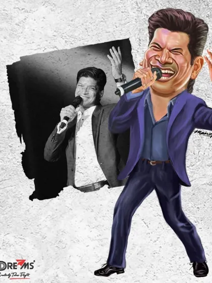 Capturing the high energy of singer Shaan in this caricature, contrasted with a live shot.