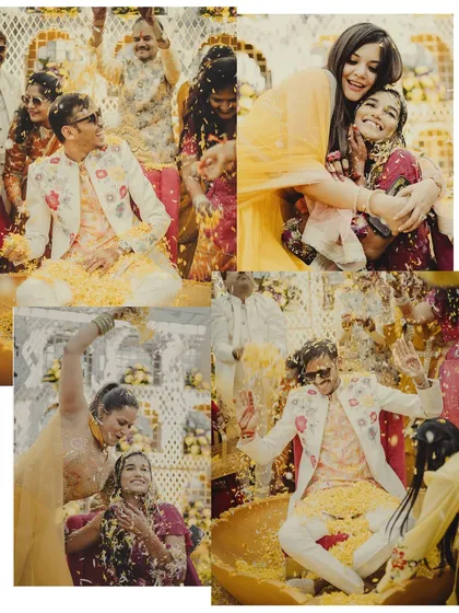 This is what a fun Haldi is all about. I love being in the middle of the action to capture the genuine laughter, the playful teasing, and the shower of flower petals that make these moments unforgettable.