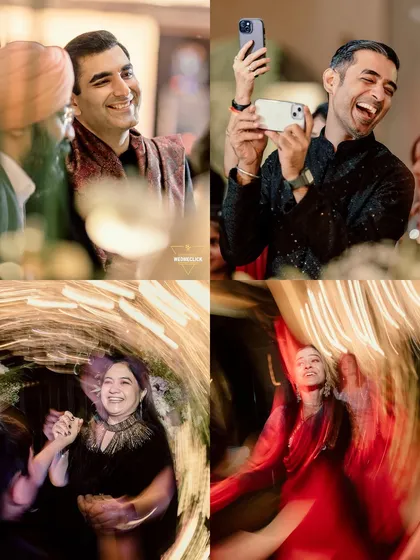 A collage of candid moments from the engagement party, capturing the groom's laughter and joy while celebrating with guests.
