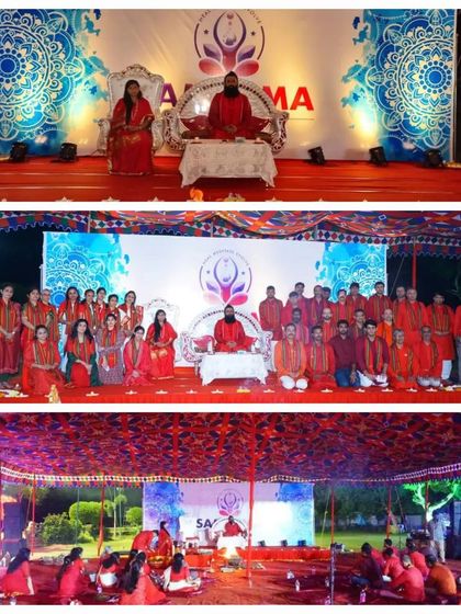 A collage from our Fire Meditation event in Vijayawada. This collection of photos shows the large outdoor setup with many participants, highlighting the community aspect of these powerful ceremonies.