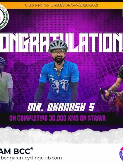 Congratulations to Mr. Dhanush S on completing 30,000 kms on Strava. Your dedication is truly inspiring.