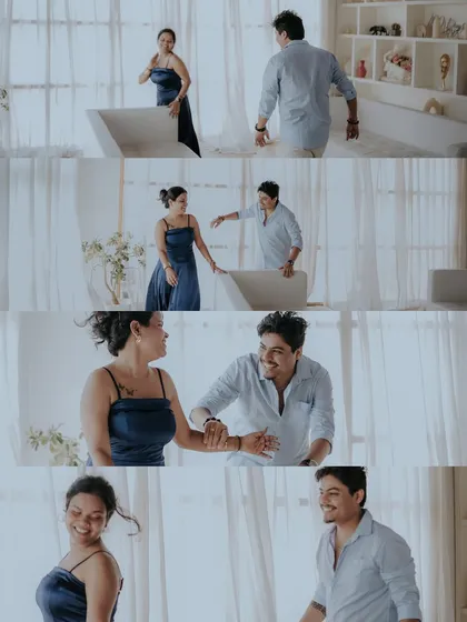 A sequence of playful, candid moments. This collage from a studio pre-wedding shoot tells the story of a chase, a laugh, and a shared smile.
