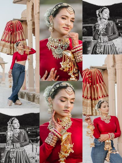 A creative collage showcasing a modern bridal look with a traditional twist. The bride pairs a red blouse and heavy jewelry with jeans, set against the backdrop of a Rajasthani palace.
