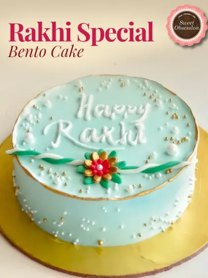 A modern take on a Rakhi treat, this is my Raksha Bandhan Bento Cake. It's a smaller, personal-sized cake with "Happy Rakhi" written on it and a fondant Rakhi design.