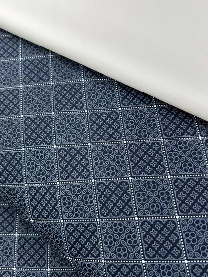 This fabric features a classic navy blue and white pattern. It is part of my latest kurti izaar collection, designed for comfort and style.
