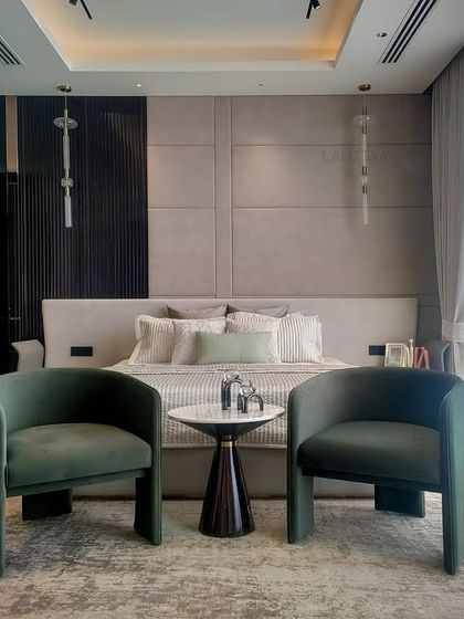 A beautifully appointed bedroom showcasing our signature style of quiet luxury. This space combines layered textures, a soothing color palette, and bespoke furniture to create a personal sanctuary for rest and relaxation.