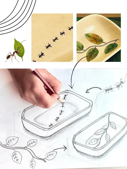 From sketch to final product, this image shows the design process for the "Unity Platter". The concept draws on the powerful symbols of the ant and the leaf to create a meaningful and artistic decor piece.