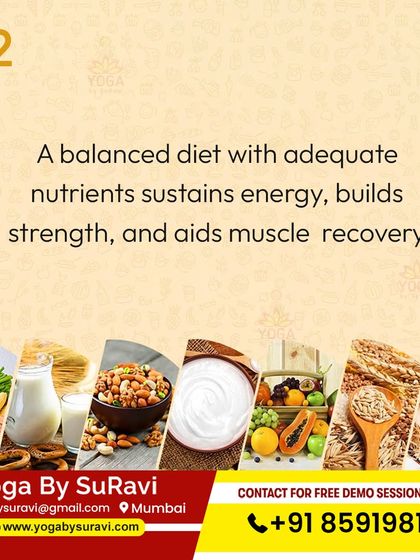 A balanced diet with adequate nutrients sustains energy, builds strength, and aids muscle recovery, complementing your physical practice.