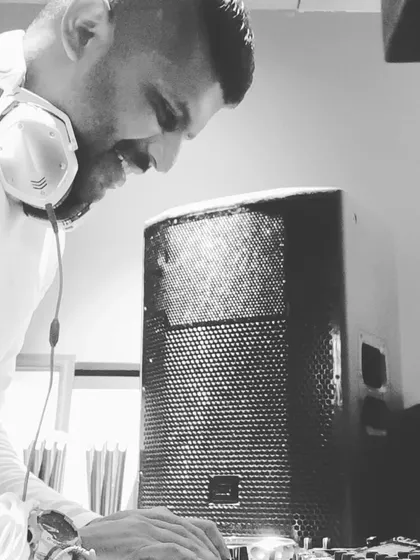 That happy expression when a track just hits right. This black and white photo captures the pure joy I get from playing music.