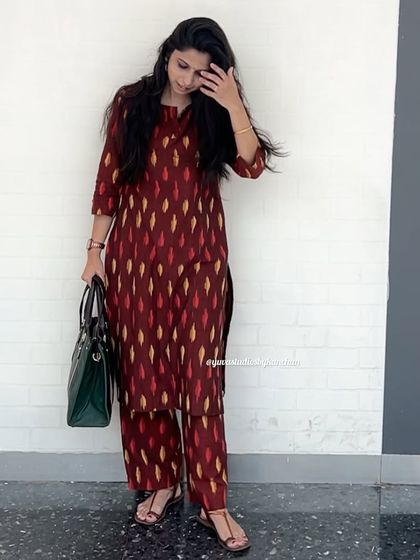 A full view of our versatile maroon Ikat kurta pant set. Made from pure handloom cotton, it's a perfect blend of traditional elegance and modern comfort.