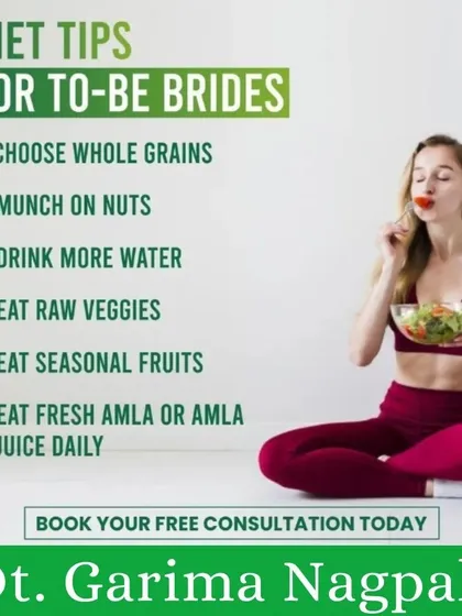 Getting ready for a wedding? My focused bridal diet plans help you look and feel your best for the special day. This graphic outlines six simple diet tips for brides-to-be, focusing on whole grains, hydration, and fresh produce.