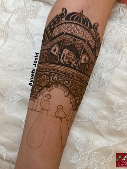 The start of another bridal piece, showing an elephant procession below a palace, with the outline for peacocks below. This is how we plan and build complex arm-length designs.