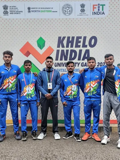 The men's university team, featuring our players Maan and Sajal Kesarwani, at the Khelo India University Games.