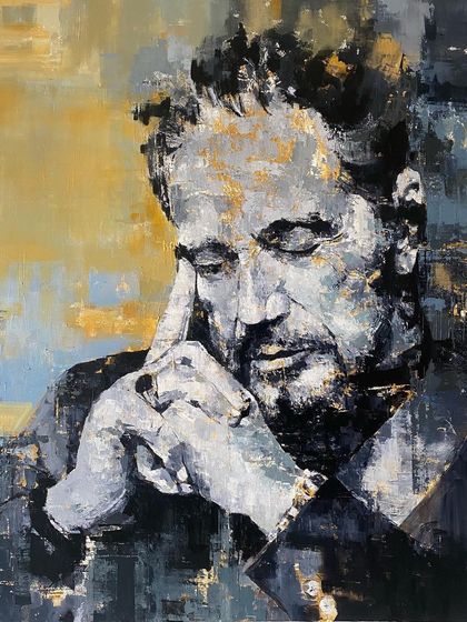 The Al Pacino piece, 'Plato's Discourse', seen from a slight angle. This view shows the thickness of the paint and the physical presence of the artwork.