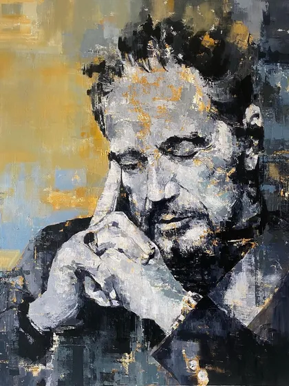 Titled 'Plato’s Discourse', this 5x4 feet portrait captures a moment of deep thought. The monochromatic palette with hints of gold leaf adds a classic, philosophical weight to the piece, inviting quiet contemplation.