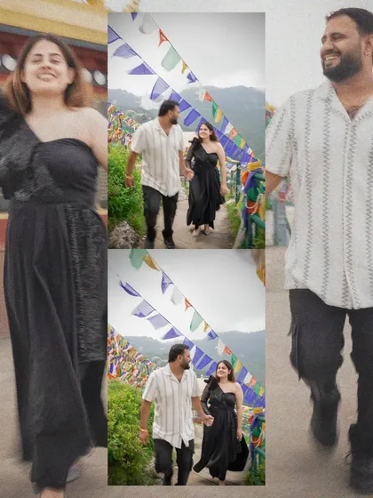 This collage captures the playful and adventurous spirit of a couple during their pre-wedding shoot in the hills, walking hand-in-hand amidst colorful Tibetan prayer flags.