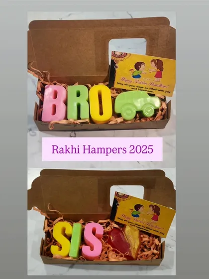 My Rakhi hampers are all about celebrating the special bond between siblings. I create these fun, personalized sets with colorful "BRO" and "SIS" soaps made from gentle goat milk, making them a unique gift for Raksha Bandhan.
