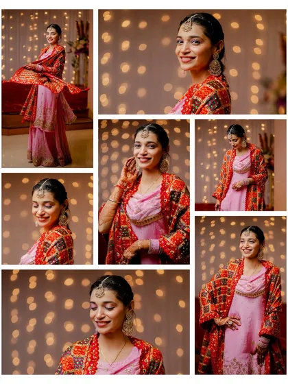 This collage captures the bride's vibrant energy during the Jaggo night. Her colorful Phulkari jacket and joyful expressions tell a story of celebration.
