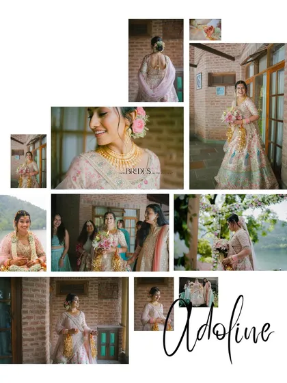 A comprehensive collage dedicated to the bride, Adoline, showing her in various moments throughout her wedding day.