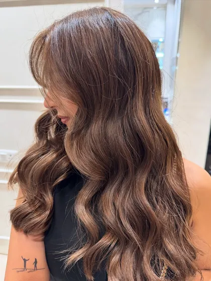 A final shot of the beautiful walnut hair colour, styled to perfection.