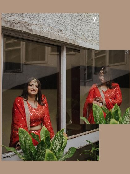 A collage of a bride in a red and yellow outfit, posing by a window. The artistic composition and her happy expression create a warm and inviting set of portraits.