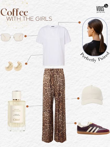 For a casual coffee date with the girls, I love this relaxed yet stylish look. A simple white tee, leopard print pants, and a sleek ponytail create an effortlessly cool vibe.