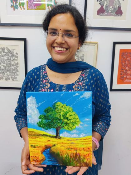 Another happy participant from our AIIMS art therapy session, showcasing a vibrant landscape painting. It's wonderful to see professionals unwind and tap into their creative side.