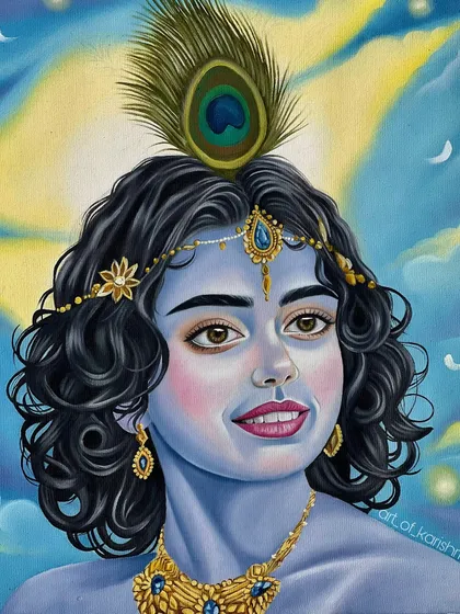 A custom oil portrait of Krishna, capturing a gentle smile and serene eyes.