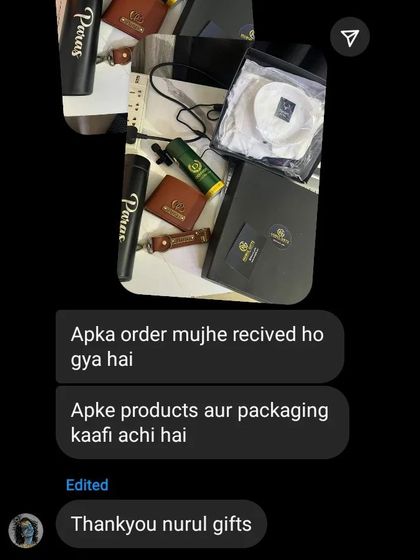 "Apke products aur packaging kaafi achi hai." A customer compliments both the products and the packaging of their hamper.