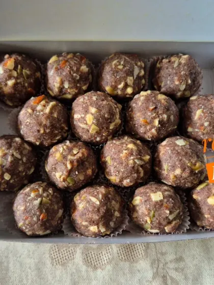The dark, rich color of these laddoos comes from the ragi flour. They are packed with almonds, walnuts, cashews, and pumpkin seeds.