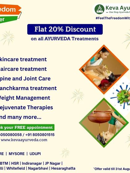 We invite you to feel the freedom of holistic healing with our Independence Day Offer. This promotion provides a flat 20% discount on all our treatments, from skincare and haircare to spine care and rejuvenation therapies.
