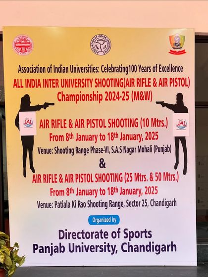 The official banner for the All India Inter-University Shooting Championship 2024-25 in Chandigarh and Mohali.