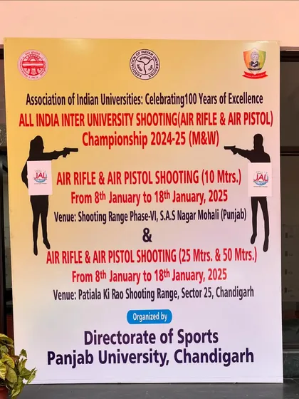 The official banner for the All India Inter-University Shooting Championship 2024-25 in Chandigarh and Mohali.