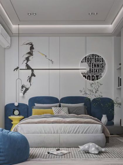 A stylish and sporty kids' bedroom. The design features a unique headboard, a wall mural celebrating sports, and a comfortable beanbag for relaxing, creating a cool and personalized space.